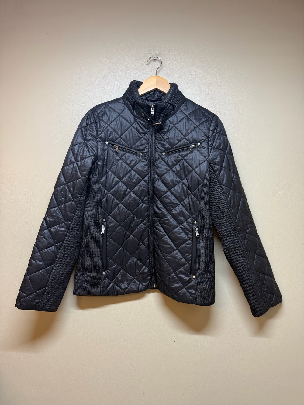 Lauren Ralph Lauren Jacket Womens M Black Quilted Insulated Silver Zipper Ribbed